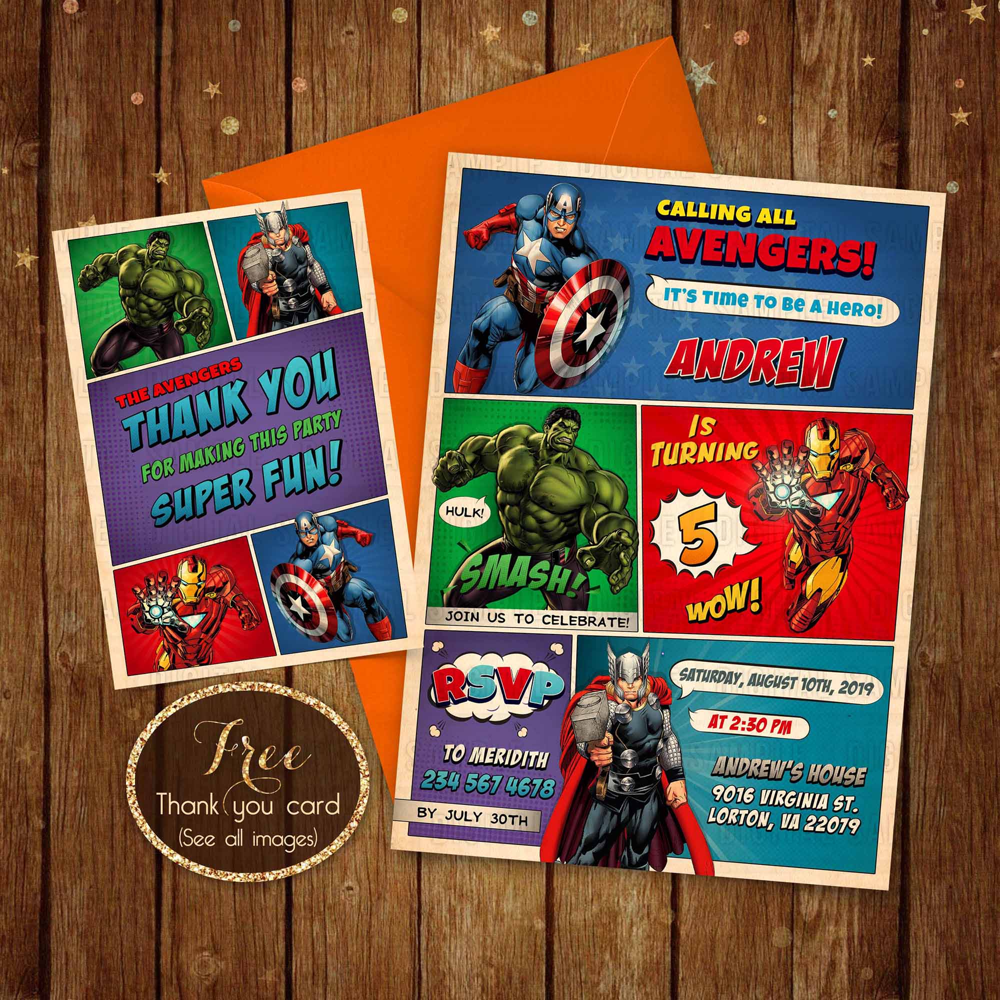 personalized avengers invitation + free thank you card